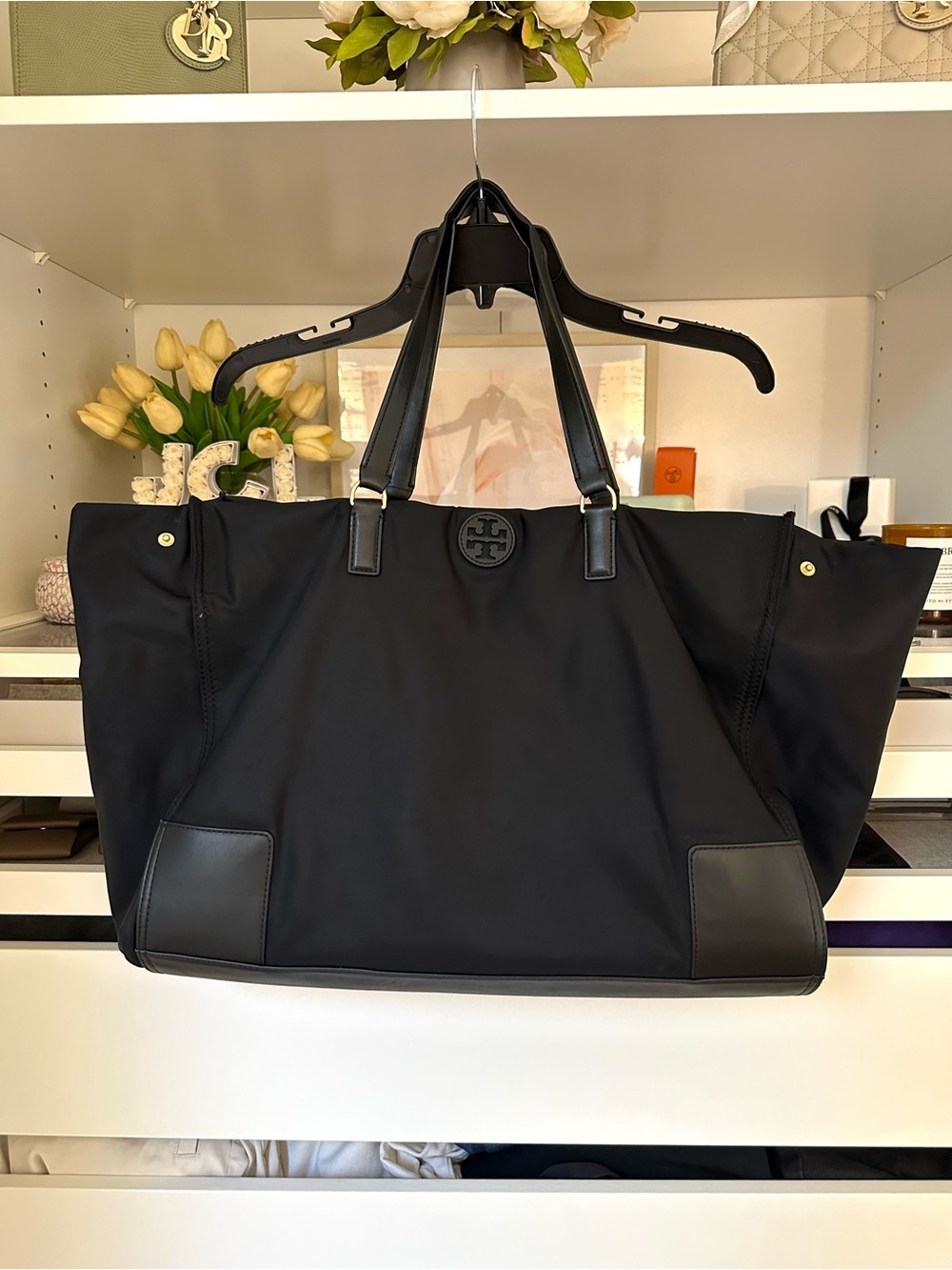 Tory Burch Black Nylon Tote with Leather Trim- Ella Nylon Tote Black